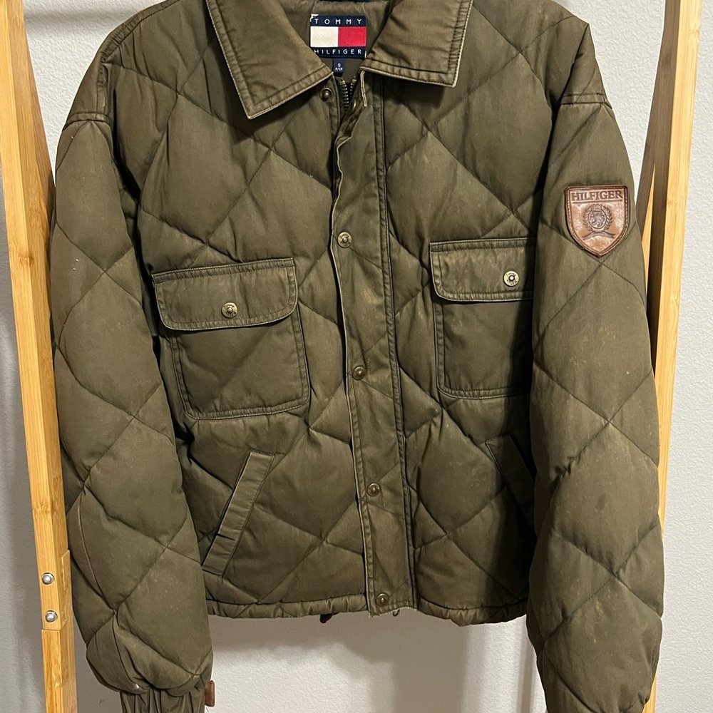 Vintage 1990s Tommy Hilfiger Military Green Quilted Cargo Down Puffer Jacket